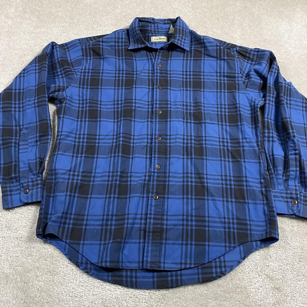 Vintage L.L.Bean Flannel Shirt Mens L Blue Black Plaid Button Down 90s Gorpcore